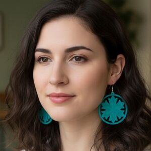 Round wooden dangle earrings, light blue round wooden earrings. 6 Cm